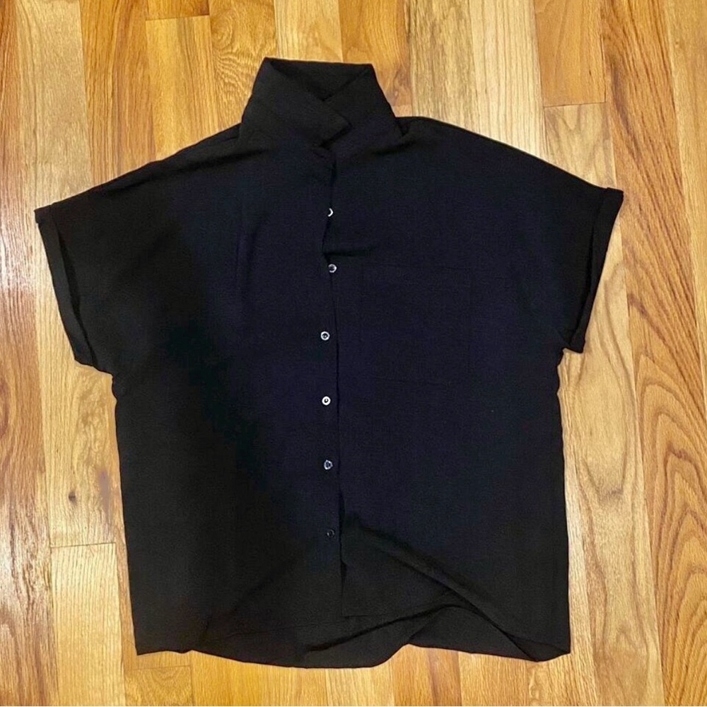 Black Casual Button Up / Down Shirt Collar, V-Neck Button Front Short Sleeve - Picture 7 of 13